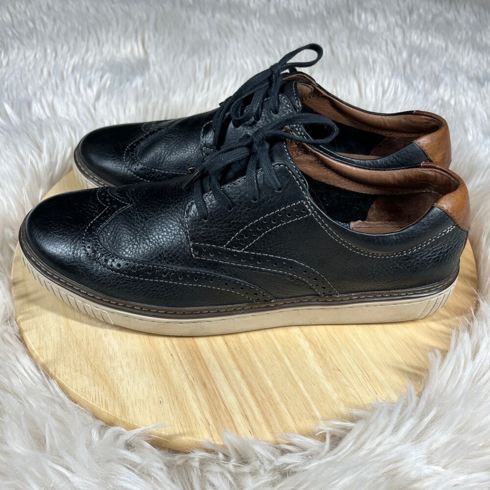 Johnston & Murphy Black Leather Wingtip Sneakers with Brown Heel Accent
